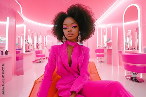 A young woman in a pink suit sits in a brightly colored pink room with mirrors.