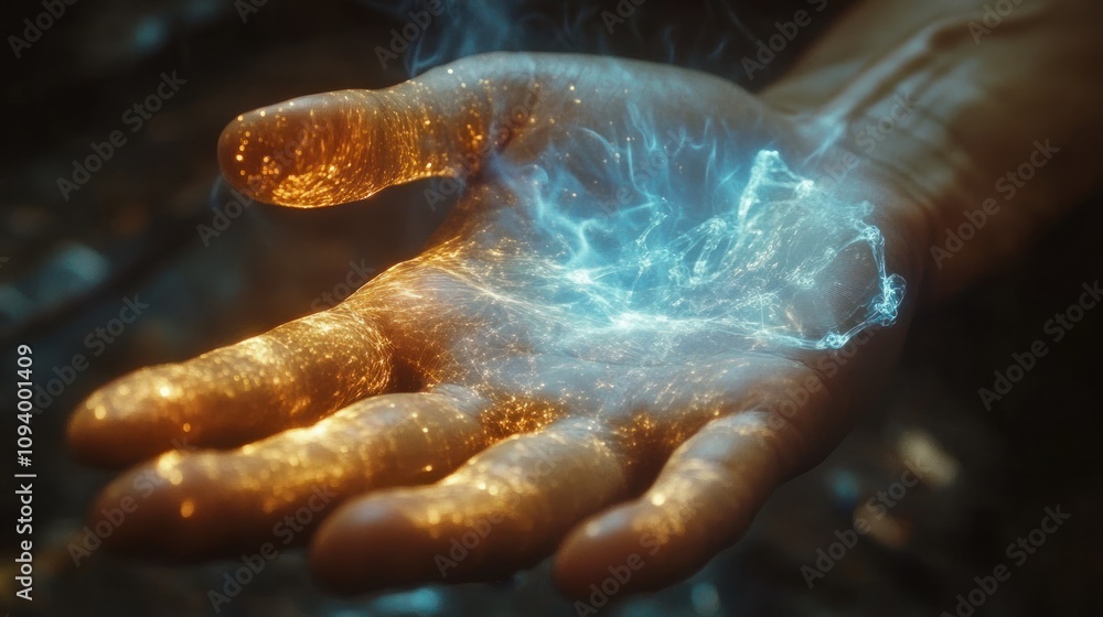 Fototapeta premium A glowing hand holds swirling energy, blending light and texture in a mystical display.