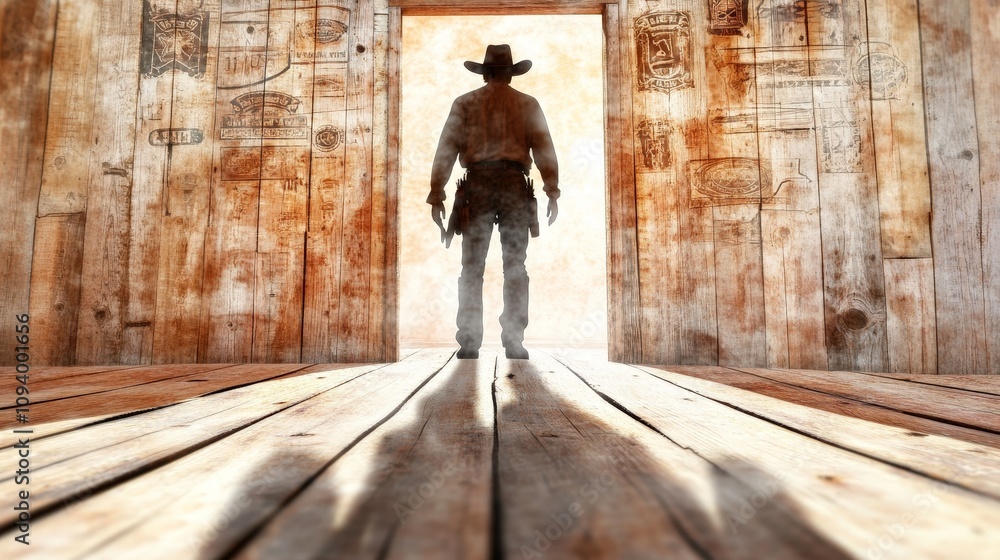 Silhouette of a Cowboy in a Rustic Setting with Open Doors and Floorboards, Evoking Themes of Adventure, Freedom, and the Wild West Experience Silhouette of a Cowboy in a Rustic Setting with Open Doors and Floorboards, Evoking Themes of Adventure, Freedom, and the Wild West Experience
