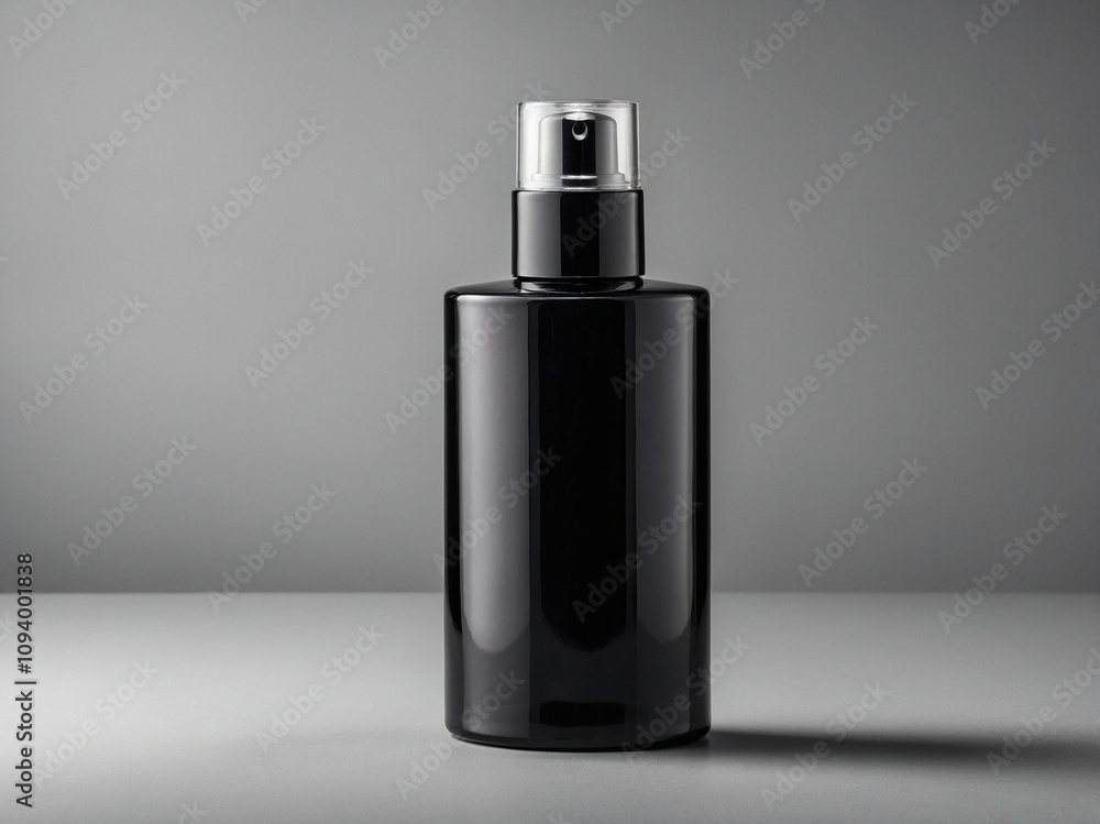 A black spray bottle set against a plain white background. A black spray bottle set against a plain white background.