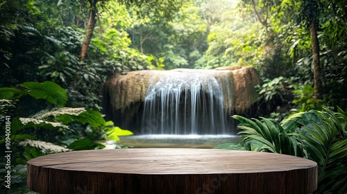 Waterfall with empty table top old wood podium outdoor in tropical forest greenery blurred background.Organic healthy natural product present placement pedestal counter display.