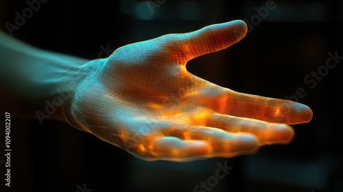 A glowing, digital representation of a hand, showcasing light and texture.