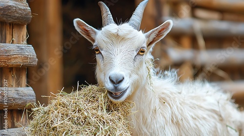 Adorable Goat Eats Hay in Wooden Barn, Farm Animal photo