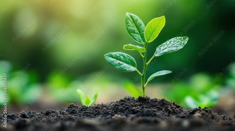 Fototapeta premium A young plant emerging from rich soil, symbolizing growth and renewal.