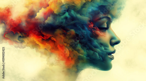 Abstract Portrait of African American Woman in Colorful Smoke with Ethereal Background..