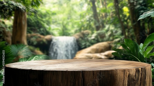 Waterfall with empty table top old wood podium outdoor in tropical forest greenery blurred background.Organic healthy natural product present placement pedestal counter display.