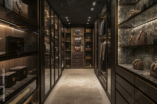 Opulent Walk-in Closet Design: A Modern Marvel of Interior Architecture. Luxury wardrobe with elegant style and glamorous decor. Discover high-end home design. photo