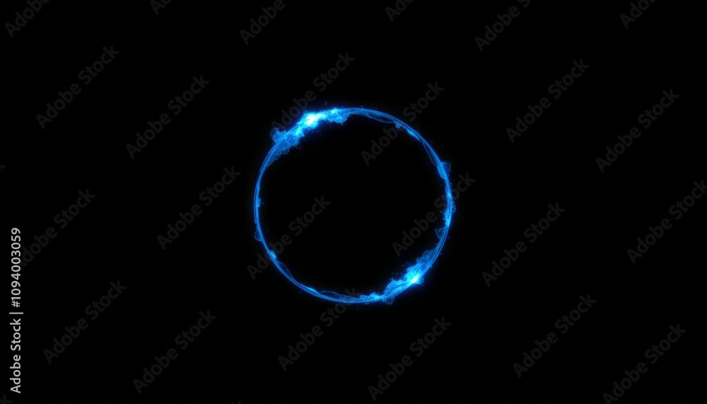 Glowing blue circle illuminates dark space, a solar eclipse with fiery energy ring Glowing blue circle illuminates dark space, a solar eclipse with fiery energy ring
