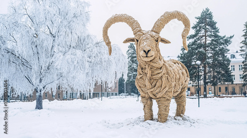 Gävle Goat, a large straw goat statue with intricate rope and straw weaving details, stands majestically in the middle of a snow-covered city park, Ai generated images photo