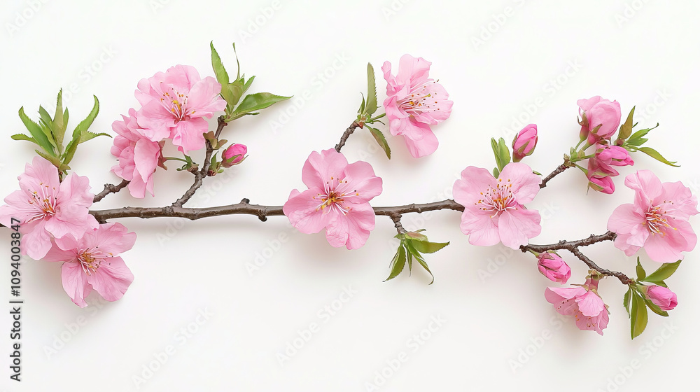 Soft pink cherry blossom flowers on branch with green leaves create serene and delicate atmosphere, perfect for springtime decor or floral arrangements Soft pink cherry blossom flowers on branch with green leaves create serene and delicate atmosphere, perfect for springtime decor or floral arrangements