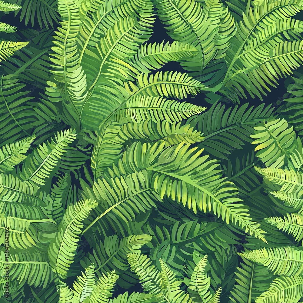 Seamless pattern of large, vibrant fern leaves overlapping each other Seamless pattern of large, vibrant fern leaves overlapping each other