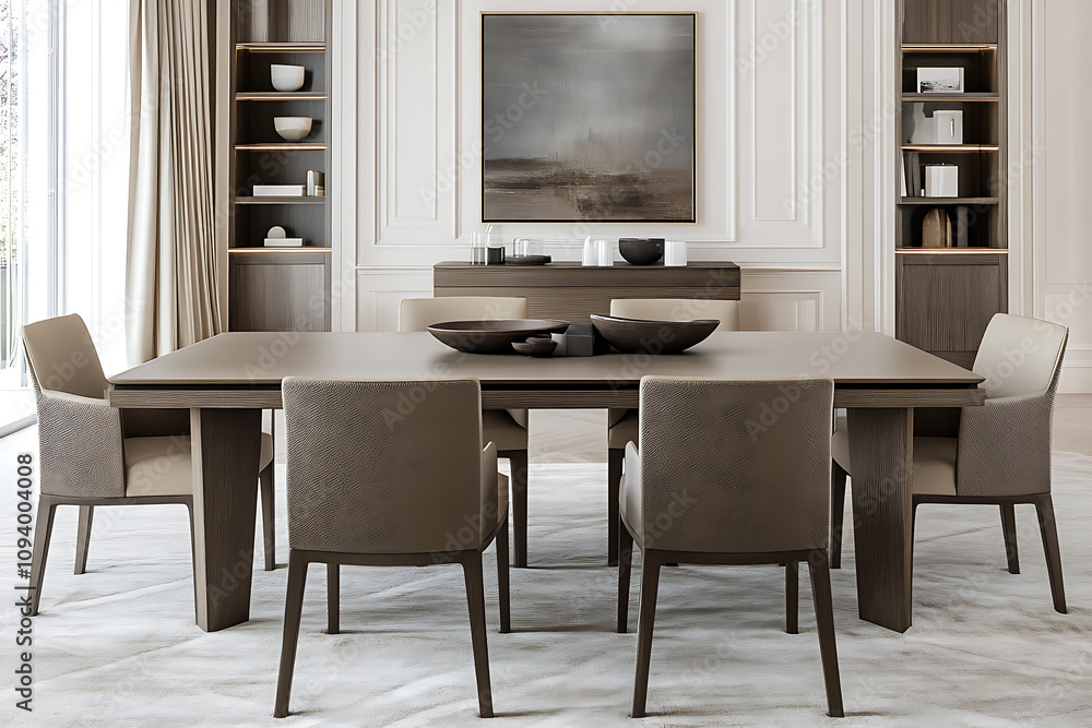 Fototapeta premium Modern Luxury Dining Room Interior Design: Elegant Space with Sophisticated Decor and Furniture