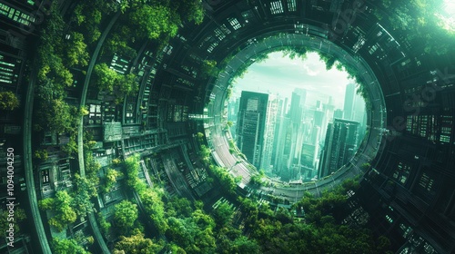 A futuristic cityscape with greenery integrated into a circular structure.