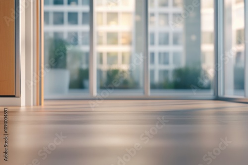 Bright natural light fills the contemporary office space, highlighting sleek flooring and large windows. This tranquil setting promotes productivity during work hours in a modern environment