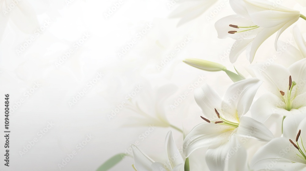Obraz premium white lily flowers banner. White lily flower on white background.