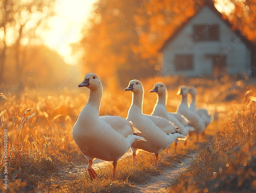 White Geese Stroll Golden Autumn Field Sunset White Geese Stroll Golden Autumn Field Sunset