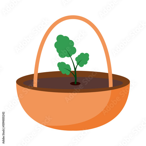 Simple illustration of a plant growing in a basket with a handle. 