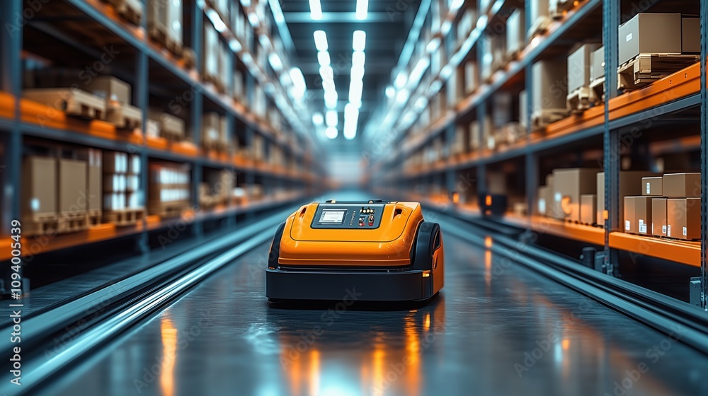 A robotic device navigates an industrial warehouse aisle, surrounded by shelves stacked with neatly arranged boxes. A robotic device navigates an industrial warehouse aisle, surrounded by shelves stacked with neatly arranged boxes.
