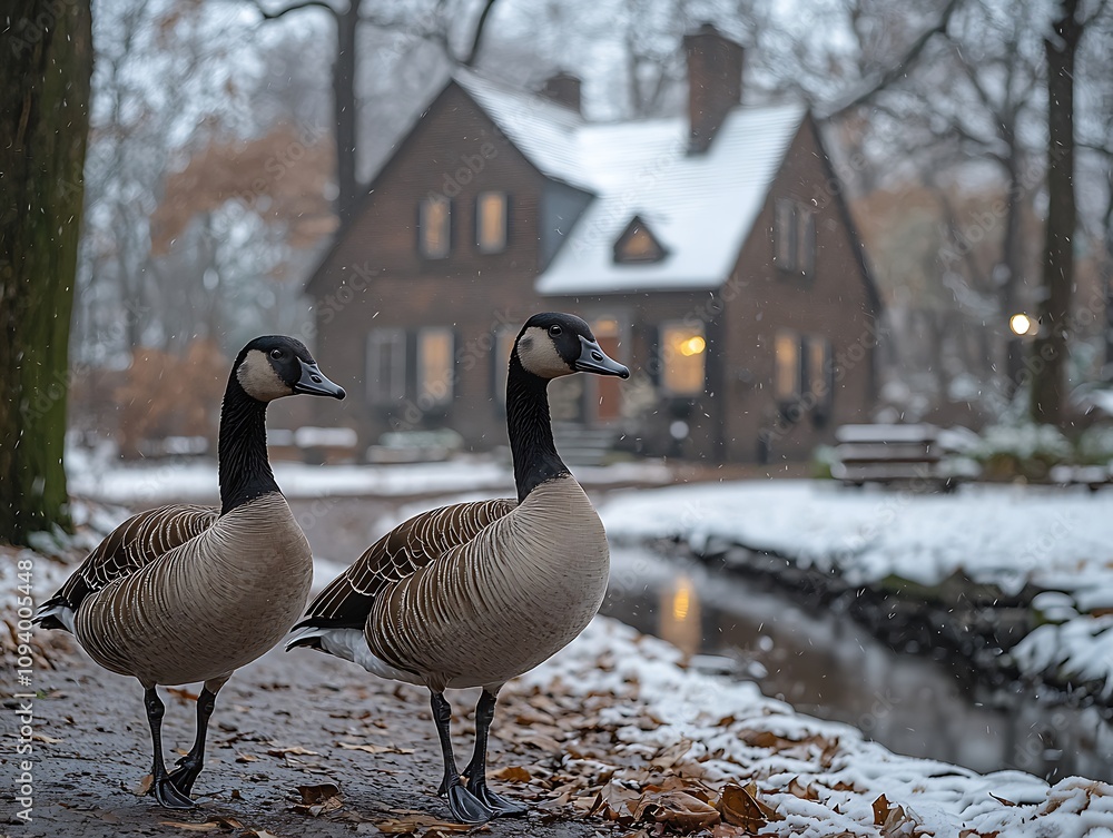 Two Geese Stroll Winter Wonderland Near Cozy House, Snow Falling Gently Two Geese Stroll Winter Wonderland Near Cozy House, Snow Falling Gently