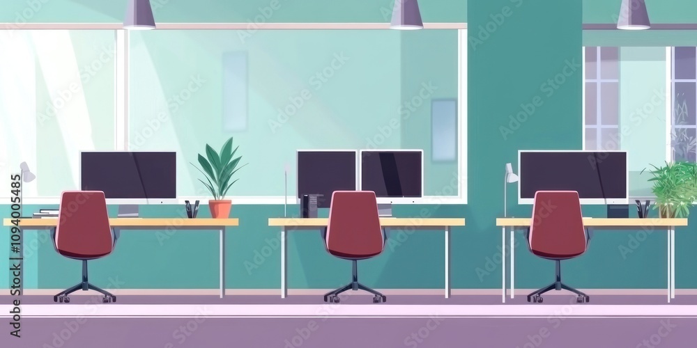 Empty modern office workspace illustration with computers and plants Empty modern office workspace illustration with computers and plants