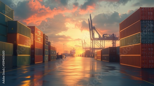 Wallpaper Mural A serene sunset over a shipping port, with vibrant containers lining the water, reflecting beautiful colors in a tranquil atmosphere. Torontodigital.ca