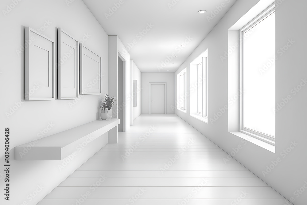 Fototapeta premium Modern Minimalist White Hallway Interior Design. Clean, Bright, and Simple Architecture. Empty Space with Gallery Wall and Natural Light