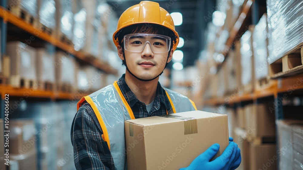 A young man in safety gear smiles while holding a box in a warehouse filled with shelves of packaged goods. A young man in safety gear smiles while holding a box in a warehouse filled with shelves of packaged goods.