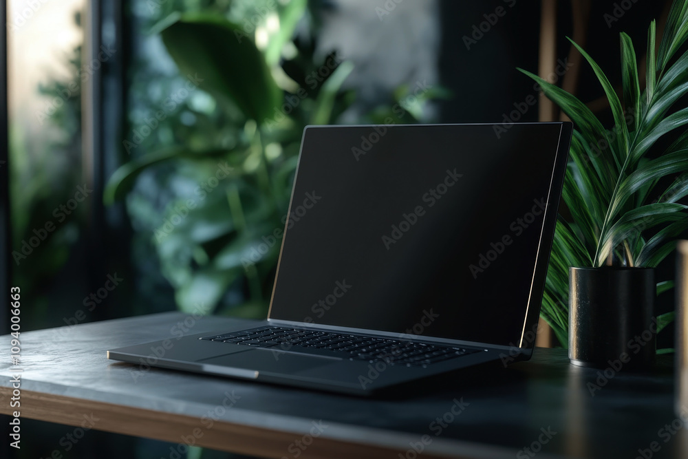 A blank screen laptop rests on a wooden desk, flanked by potted plants and office supplies. This well-lit workspace promotes creativity and productivity in a natural environment. A blank screen laptop rests on a wooden desk, flanked by potted plants and office supplies. This well-lit workspace promotes creativity and productivity in a natural environment.