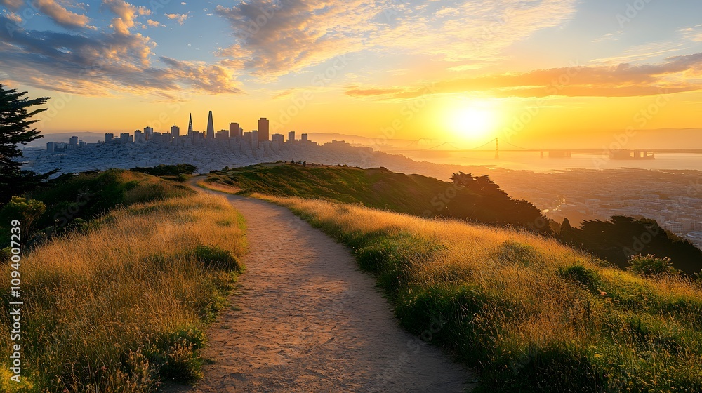 A scenic hilltop pedestrian path offering breathtaking views of a city skyline at sunset A scenic hilltop pedestrian path offering breathtaking views of a city skyline at sunset