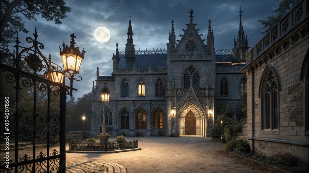 Obraz premium Gothic Revival Architecture of an Official Residence at Night