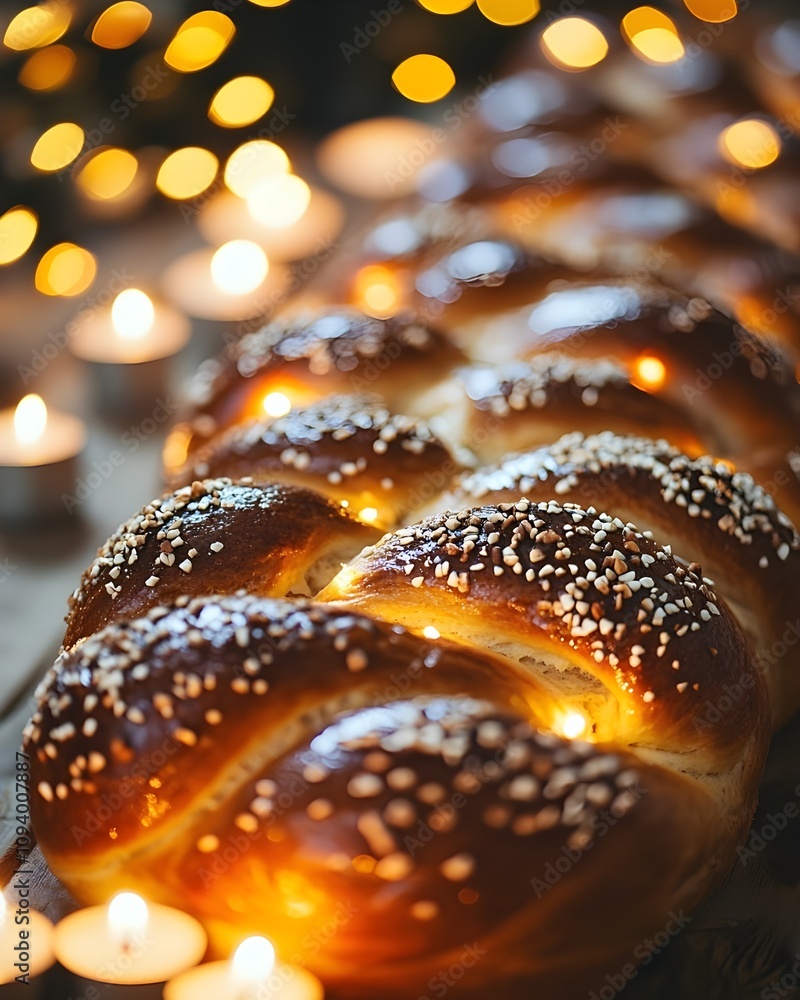 Freshly baked challah bread with a candle. Freshly baked challah bread with a candle.