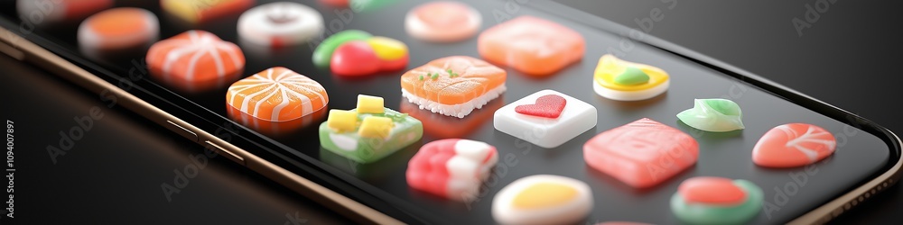 food technology processing quality concept. Colorful sushi and dessert icons on a smartphone screen, dark background. food technology processing quality concept. Colorful sushi and dessert icons on a smartphone screen, dark background.