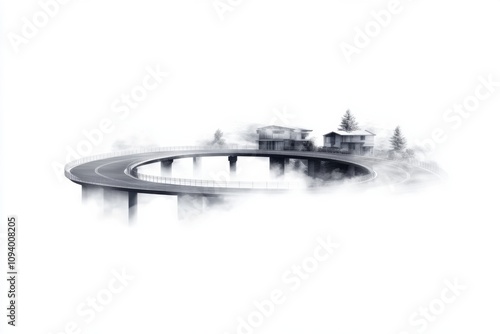 A circular road curves gracefully through fog while two houses stand nearby, creating a tranquil setting. The isolation enhances the peaceful atmosphere of the scene photo