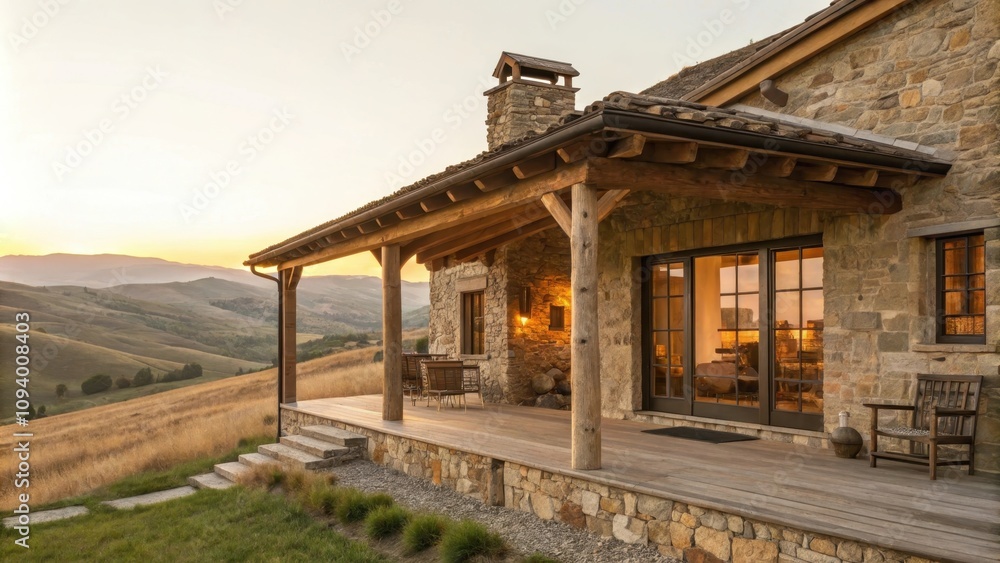 Rustic countryside residence with stone architecture at sunset Rustic countryside residence with stone architecture at sunset