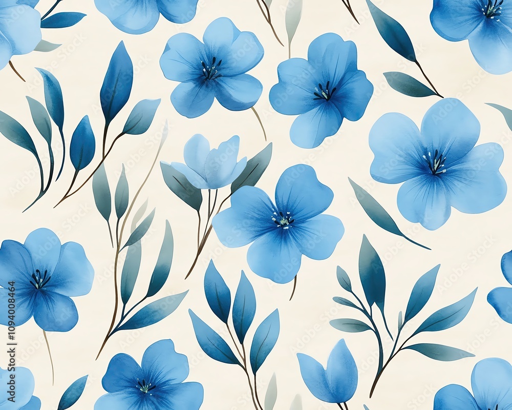 Fototapeta premium A Seamless Pattern Beautiful blue floral pattern with delicate leaves on a soft background.