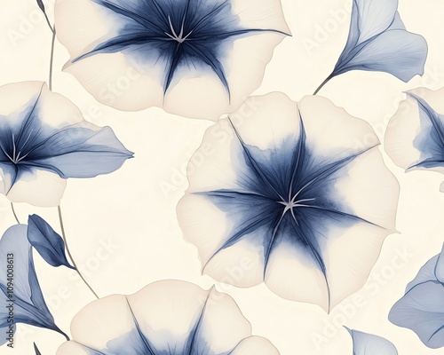 A Seamless Pattern Beautiful botanical illustration of blue and white flowers with delicate petals.