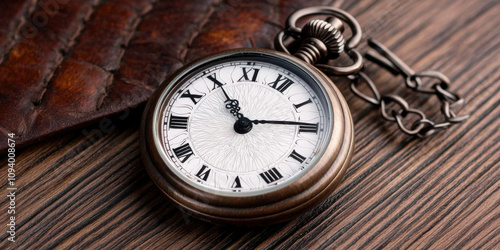 Wallpaper Mural Monochrome retro and depth concept. Close up of pocket watch on weathered leather, showcasing intricate details Torontodigital.ca