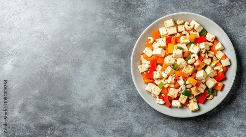 Colorful Vegetable Salad with Tofu Cubes and Cashews on a Gray Background, Fresh and Healthy Dish Perfect for Nutrition and Dietary Needs