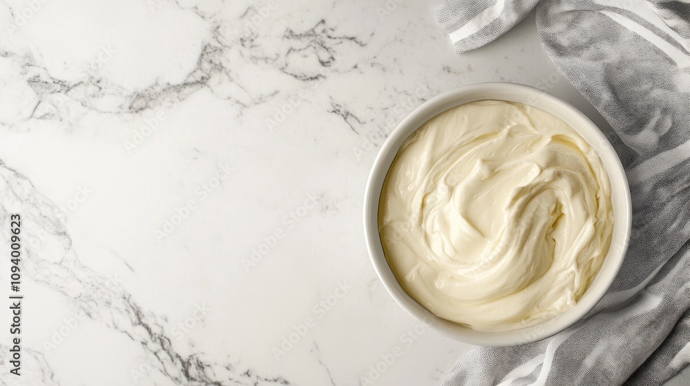 Smooth and Creamy White Frosting in a Bowl on a Marble Countertop Surrounded by a Gray and White Towel for Baking and Culinary Delights Smooth and Creamy White Frosting in a Bowl on a Marble Countertop Surrounded by a Gray and White Towel for Baking and Culinary Delights