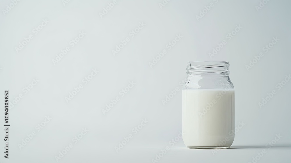 Glass Jar Filled with Fresh White Milk on a Minimalist Background Ideal for Culinary, Beverage, or Healthy Lifestyle Projects Glass Jar Filled with Fresh White Milk on a Minimalist Background Ideal for Culinary, Beverage, or Healthy Lifestyle Projects