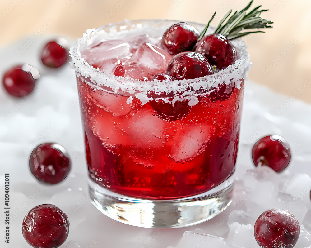 Festive cranberry cocktail with ice, sugar-rimmed glass, and rosemary garnish on a snowy white background.
Festive cranberry cocktail with ice, sugar-rimmed glass, and rosemary garnish on a snowy white background.