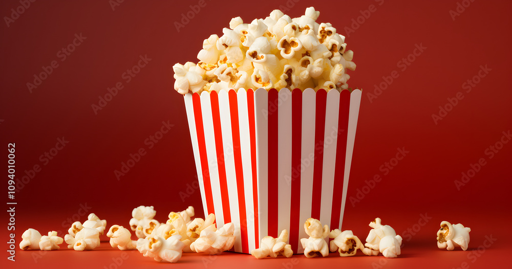 A full bucket of popcorn sits on a red background ready for movie night A full bucket of popcorn sits on a red background ready for movie night