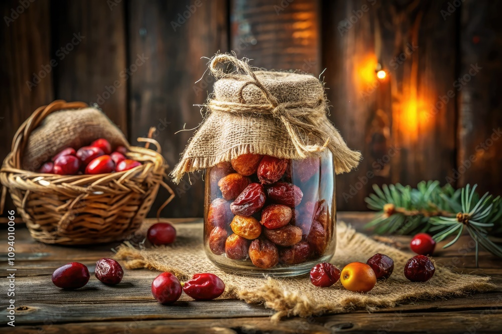 Low Light Photography of Jar of Pickled Jujube Fruits with Burlap Bow on Wooden Table - Rustic Decor, Gourmet Food, Home Canning, Organic Ingredients, Natural Light Low Light Photography of Jar of Pickled Jujube Fruits with Burlap Bow on Wooden Table - Rustic Decor, Gourmet Food, Home Canning, Organic Ingredients, Natural Light