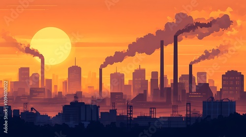 Smog-filled Sunset Over an Industrial Cityscape AI Generated