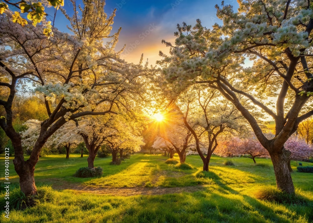 Spring Garden Serenity: Blooming Trees Bathed in Evening Sunlight, Capturing the Tranquil Beauty of Nature's Renewal in a Vibrant Landscape Spring Garden Serenity: Blooming Trees Bathed in Evening Sunlight, Capturing the Tranquil Beauty of Nature's Renewal in a Vibrant Landscape