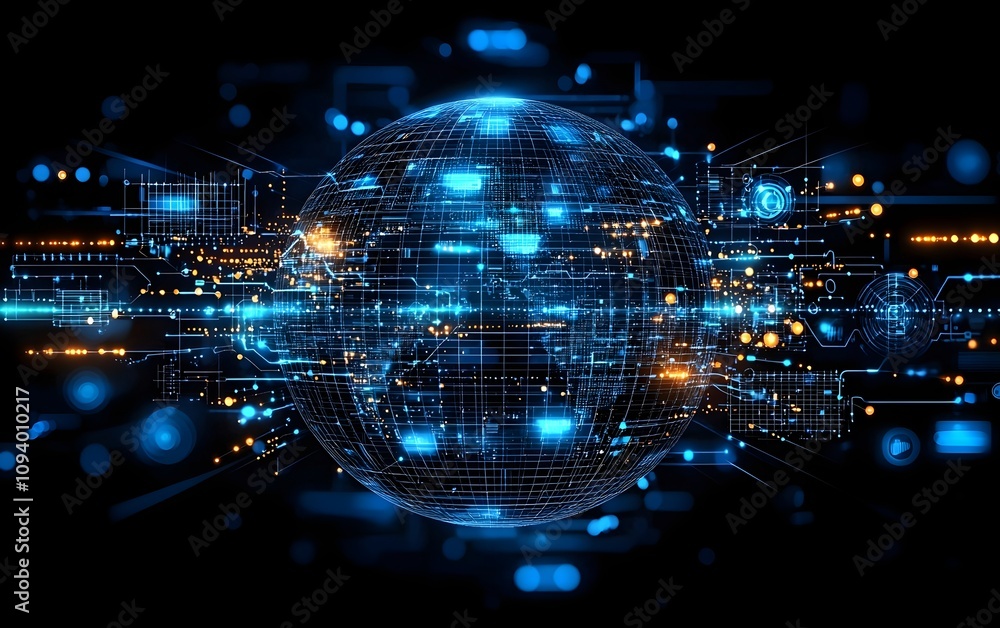 A futuristic digital globe illuminated with blue and orange lights, representing interconnected data networks and advanced technology concepts. A futuristic digital globe illuminated with blue and orange lights, representing interconnected data networks and advanced technology concepts.