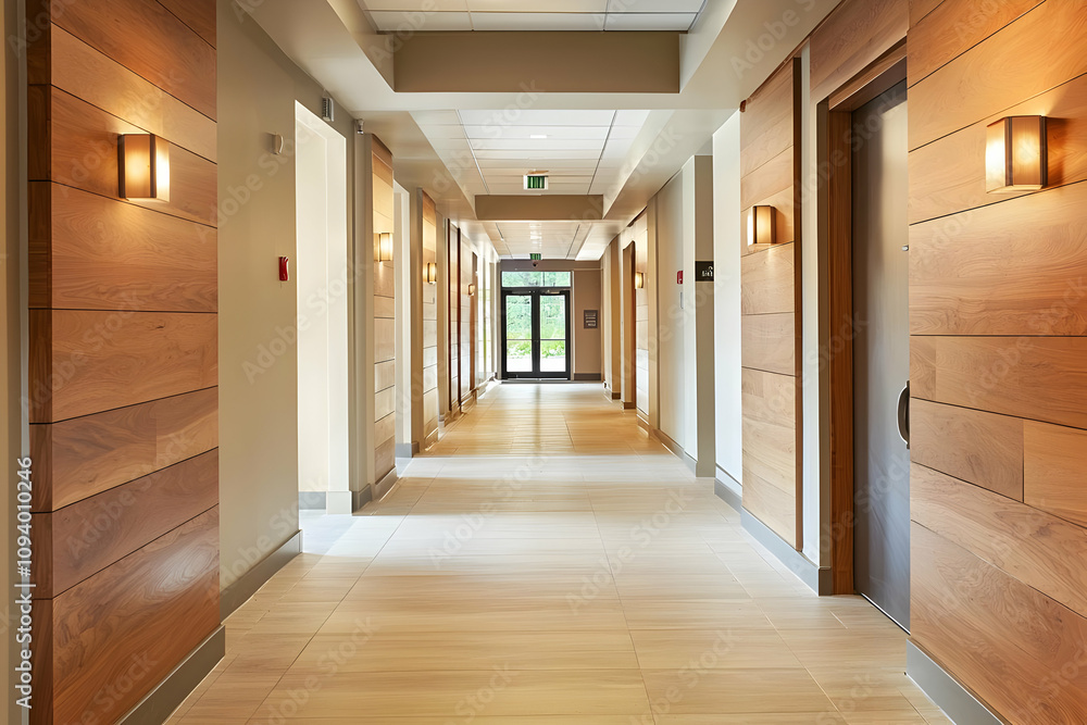 Hallway with wooden decor, offering simplicity and warmth in a stylish space. Hallway with wooden decor, offering simplicity and warmth in a stylish space.