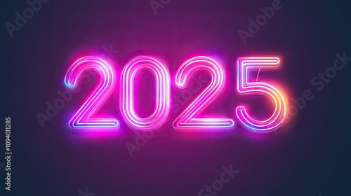 Neon 2025 Design with Bright Glowing Colors for Celebrations, Events, and New Year Themes Featuring Eye-Catching Light Effects and Contemporary Aesthetic