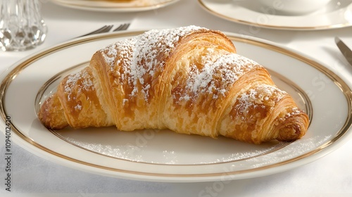 31. Buttery croissant with a golden crust, lightly dusted with powdered sugar