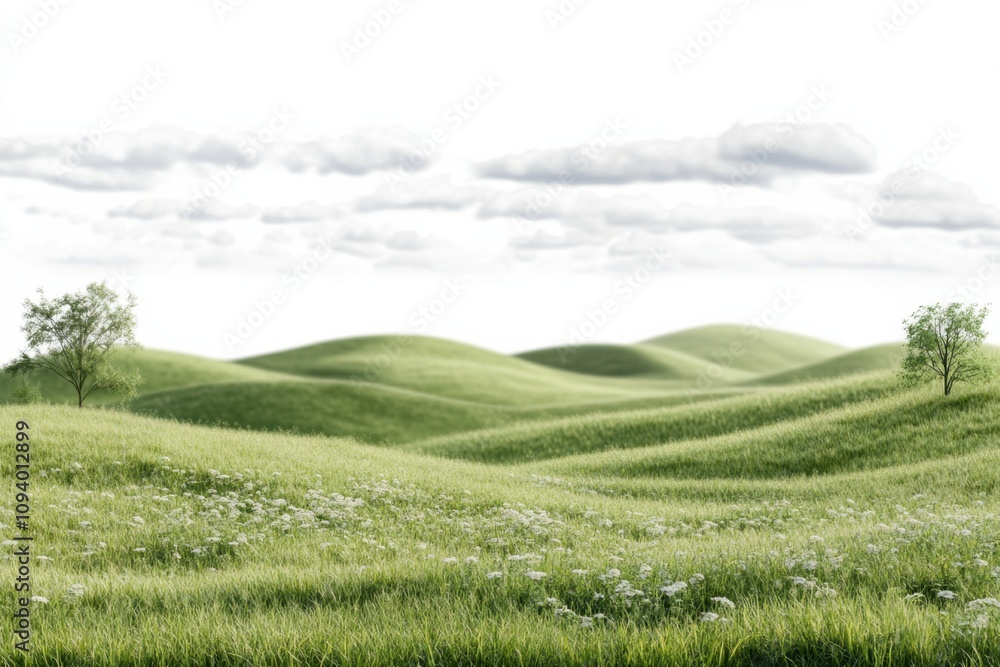 A beautiful expanse of vibrant green grassland showcases rolling hills and scattered wildflowers, with soft clouds adorning the bright sky, creating a serene atmosphere of nature A beautiful expanse of vibrant green grassland showcases rolling hills and scattered wildflowers, with soft clouds adorning the bright sky, creating a serene atmosphere of nature